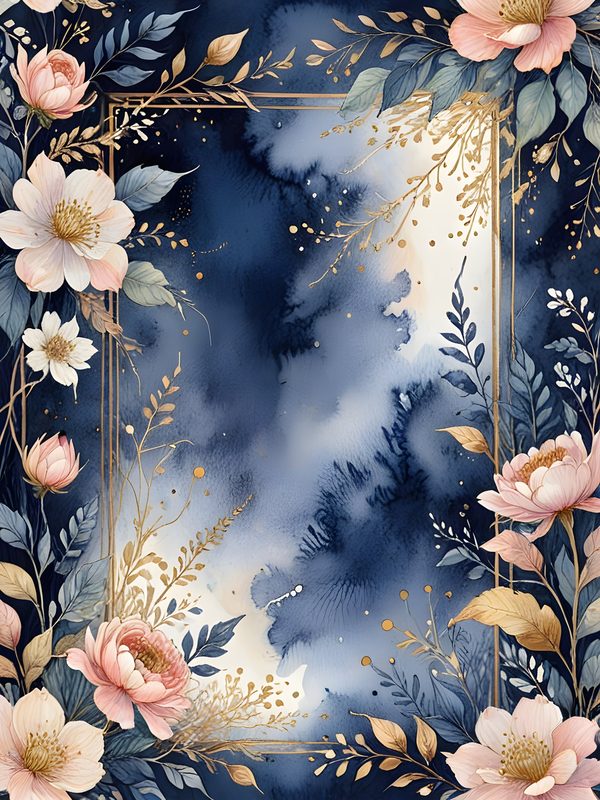 Watercolor Floral Digital Paper: Gold Accents, Dark Blues & Pinks Background (Digital Download, Commercial Use) — image 5