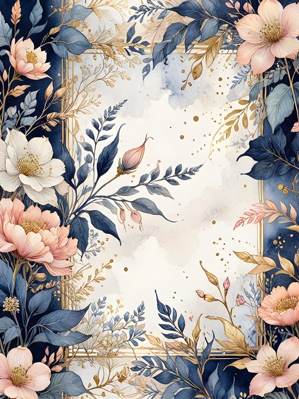 Watercolor Floral Digital Paper: Gold Accents, Dark Blues & Pinks Background (Digital Download, Commercial Use) — image 7