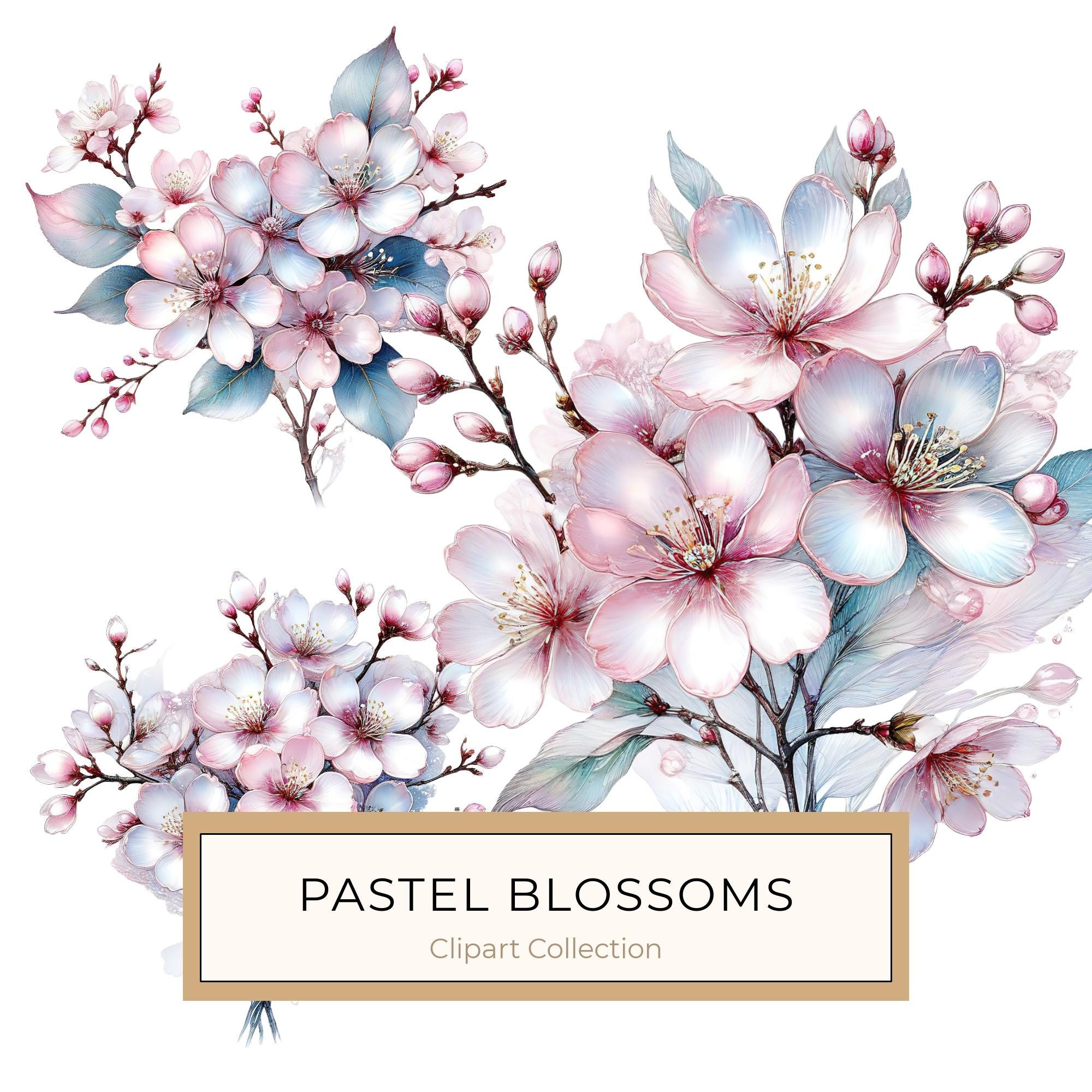 Pastel Cherry Blossom Watercolor Clipart: Soft Floral PNG JPG Set (Digital Download)