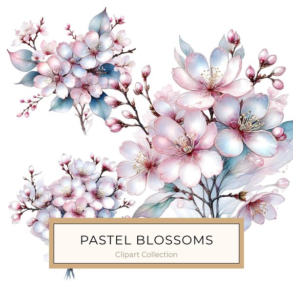 Pastel Cherry Blossom Watercolor Clipart: Soft Floral PNG JPG Set (Digital Download)