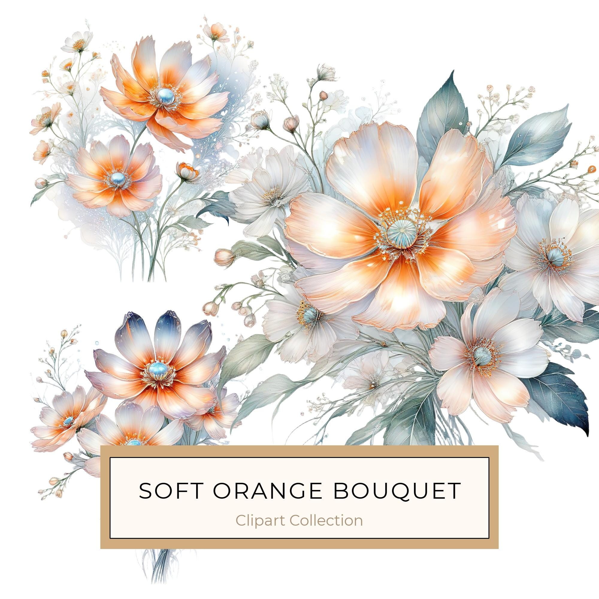 Watercolor Orange Cosmos Bouquet: Soft Pastel Floral PNG Set (Digital Download)