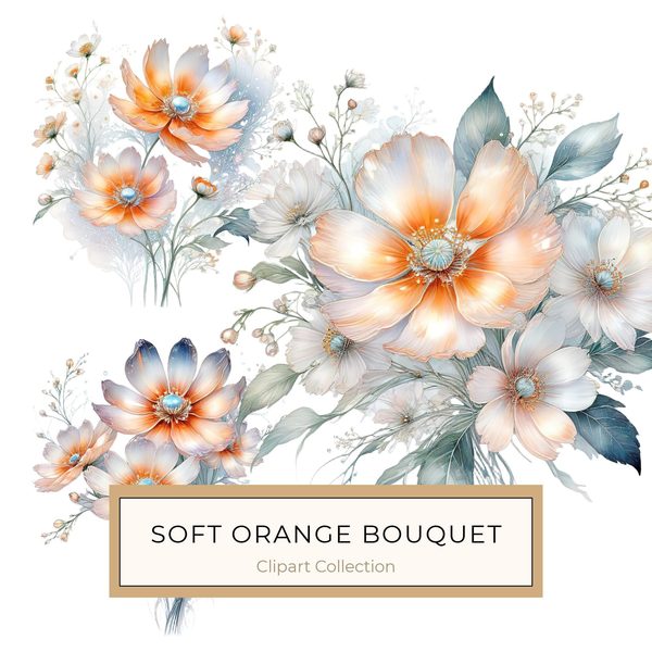 Watercolor Orange Cosmos Bouquet: Soft Pastel Floral PNG Set (Digital Download)