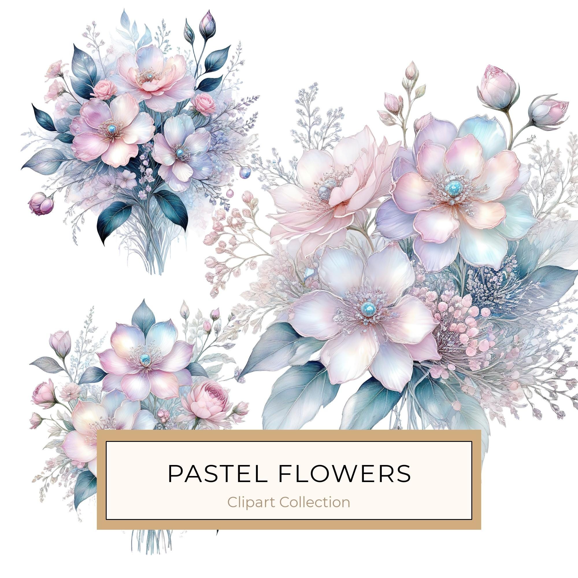 Watercolor Floral Bouquet Digital Paper: Pastel Scrapbooking PNG JPGs (Digital Download)