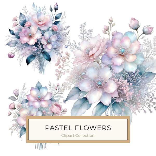 Watercolor Floral Bouquet Digital Paper: Pastel Scrapbooking PNG JPGs (Digital Download)