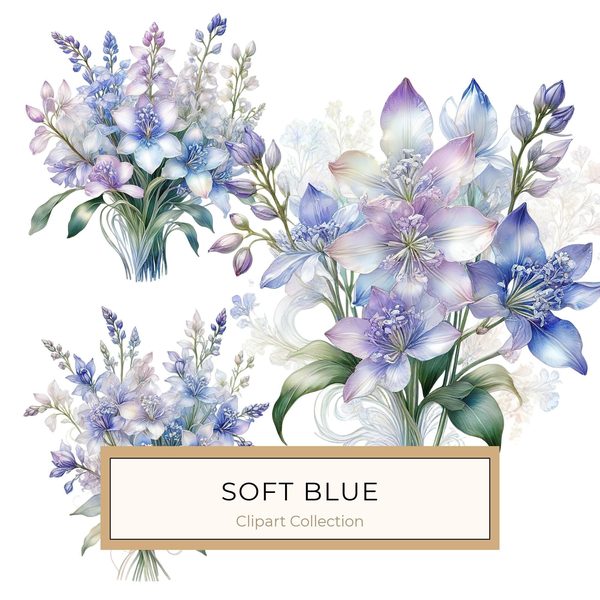 Watercolor Blue Floral Bouquet Clipart: Iridescent PNG Set (Digital Download)