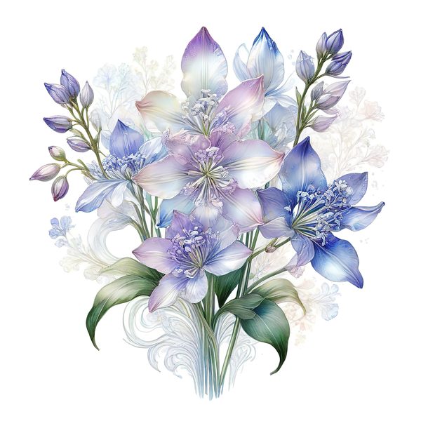 Watercolor Blue Floral Bouquet Clipart: Iridescent PNG Set (Digital Download) — image 1