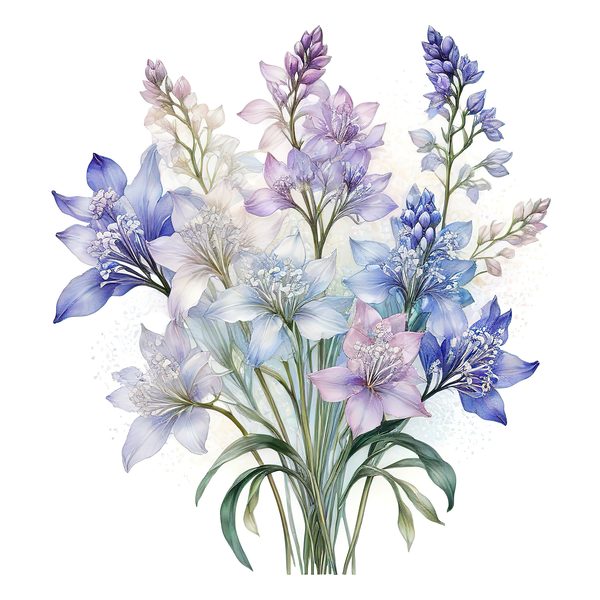 Watercolor Blue Floral Bouquet Clipart: Iridescent PNG Set (Digital Download) — image 15