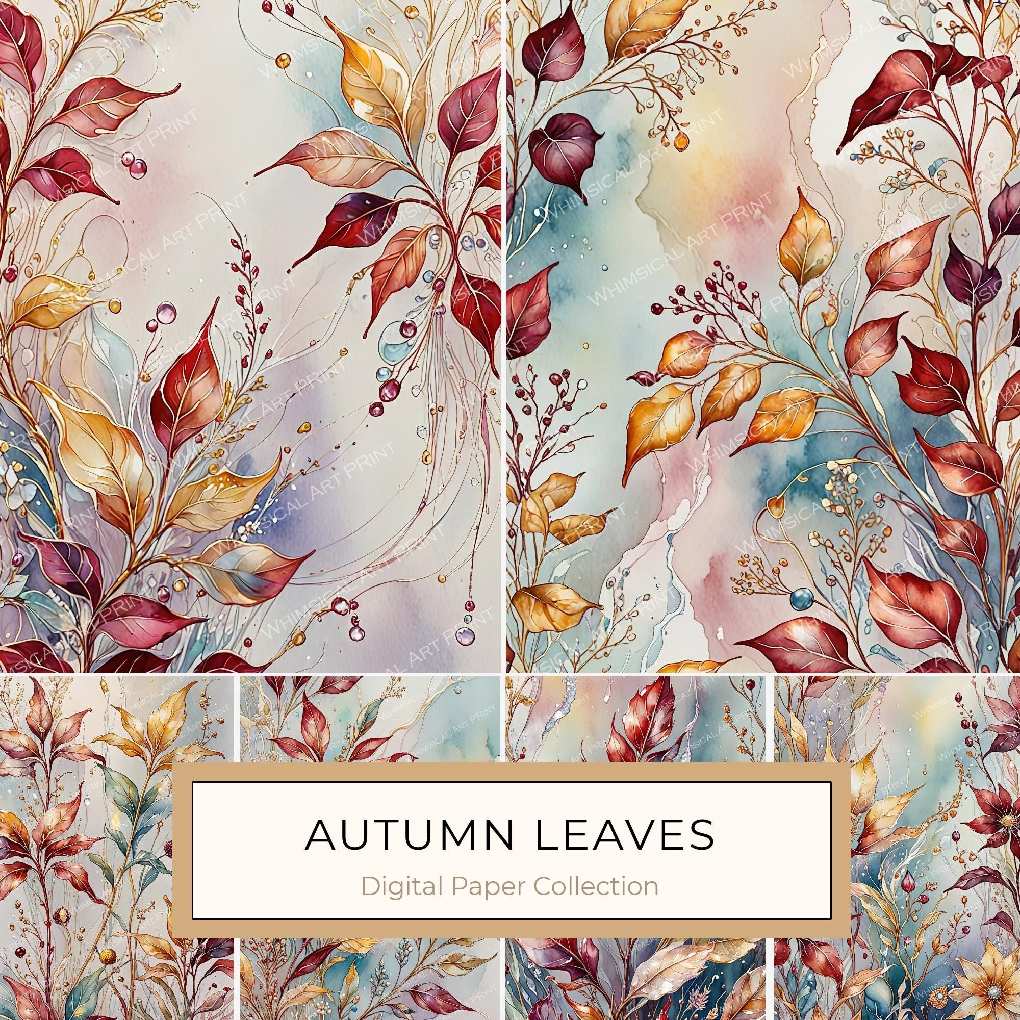 Watercolor Autumn Leaves Digital Paper: Earthy Scrapbook Backgrounds (10 JPGs, Digital Download, Commercial Use)