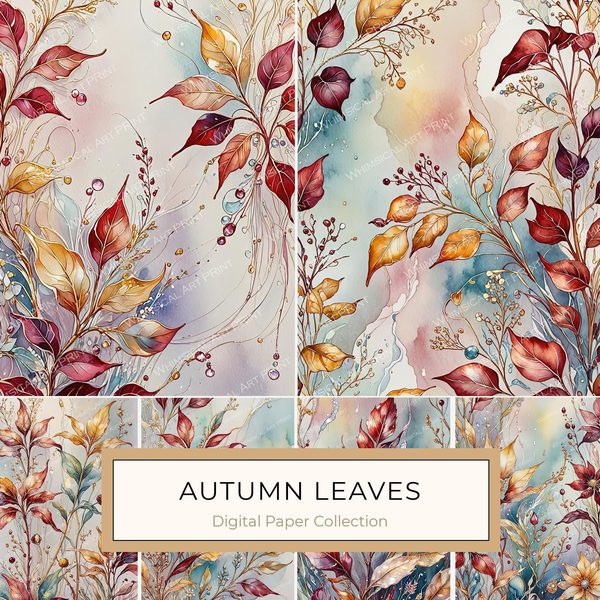 Watercolor Autumn Leaves Digital Paper: Earthy Scrapbook Backgrounds (10 JPGs, Digital Download, Commercial Use)
