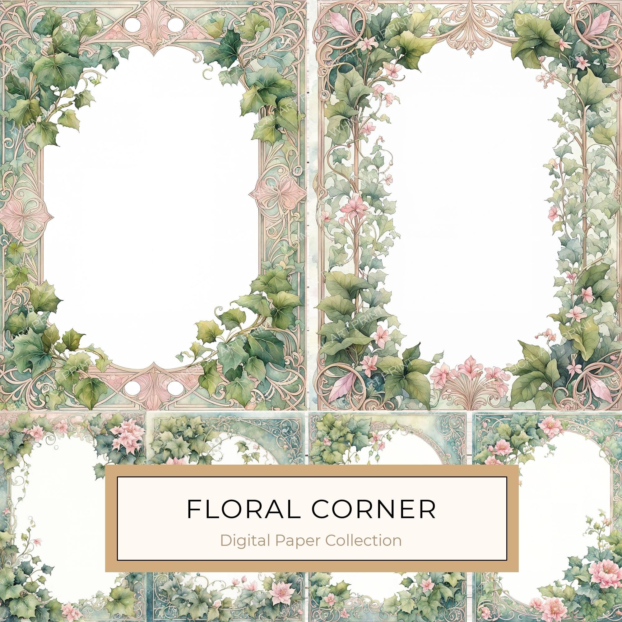 Watercolor Floral Corner Digital Paper: Pastel Greenery (10 JPGs) (Digital Download)