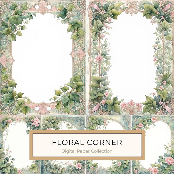Watercolor Floral Corner Digital Paper: Pastel Greenery (10 JPGs) (Digital Download)