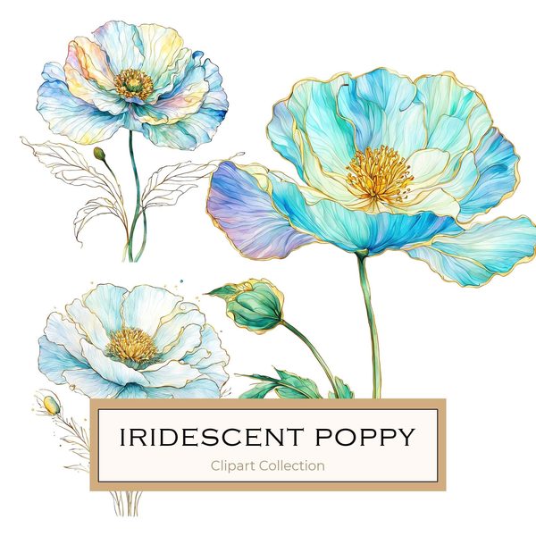 Watercolor Blue Poppy Clipart: Golden Accents, Soft Hues (10 PNGs)