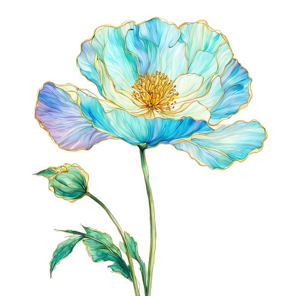 Watercolor Blue Poppy Clipart: Golden Accents, Soft Hues (10 PNGs) — image 1
