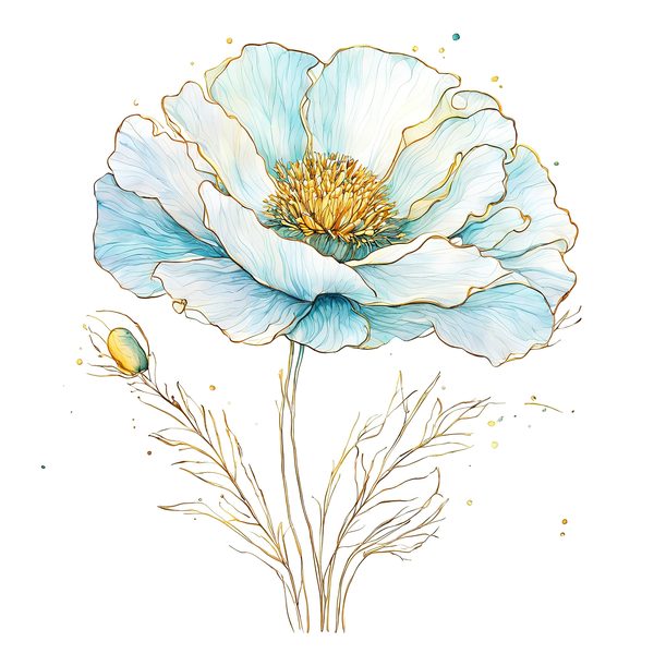 Watercolor Blue Poppy Clipart: Golden Accents, Soft Hues (10 PNGs) — image 2