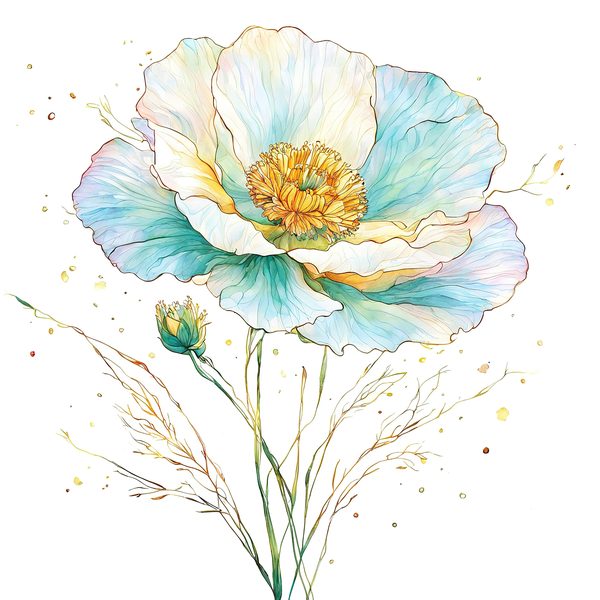 Watercolor Blue Poppy Clipart: Golden Accents, Soft Hues (10 PNGs) — image 3