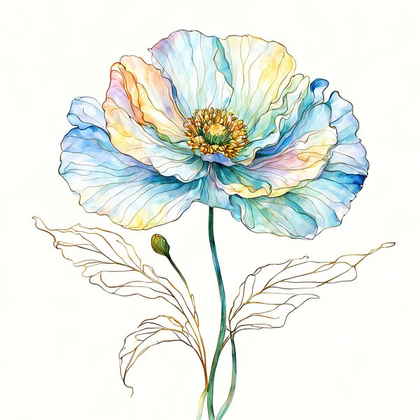 Watercolor Blue Poppy Clipart: Golden Accents, Soft Hues (10 PNGs) — image 4