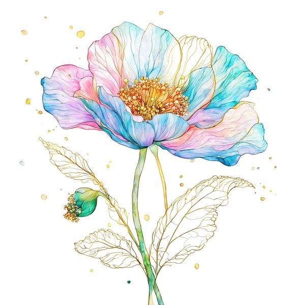 Watercolor Blue Poppy Clipart: Golden Accents, Soft Hues (10 PNGs) — image 5