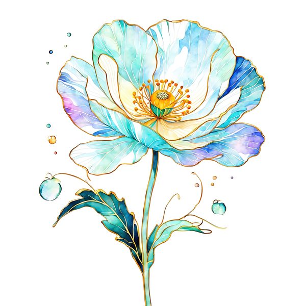 Watercolor Blue Poppy Clipart: Golden Accents, Soft Hues (10 PNGs) — image 6