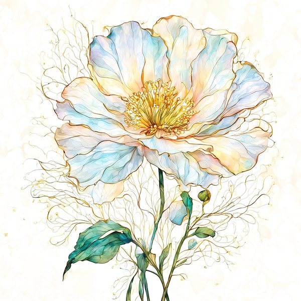 Watercolor Blue Poppy Clipart: Golden Accents, Soft Hues (10 PNGs) — image 7