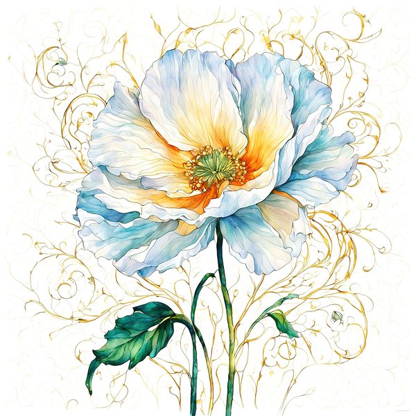 Watercolor Blue Poppy Clipart: Golden Accents, Soft Hues (10 PNGs) — image 8