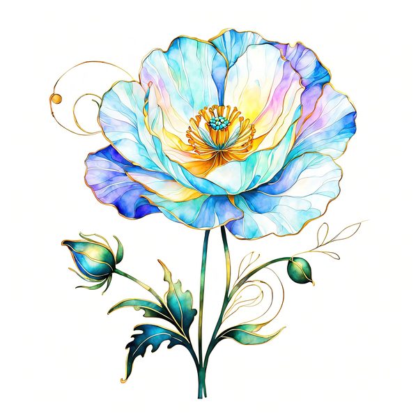 Watercolor Blue Poppy Clipart: Golden Accents, Soft Hues (10 PNGs) — image 9