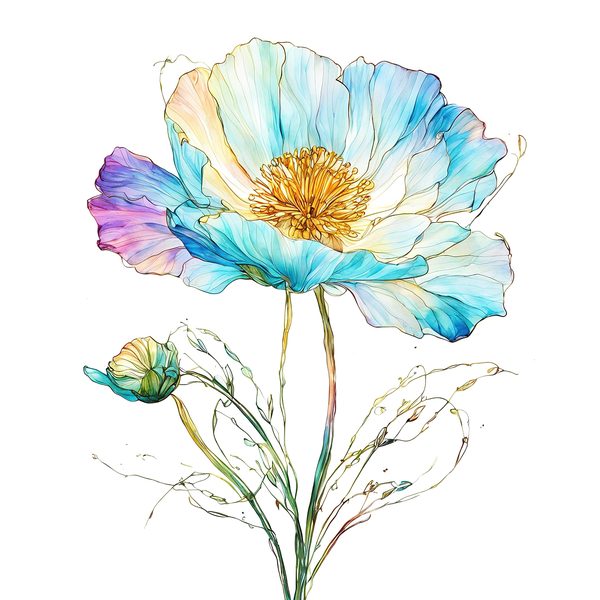 Watercolor Blue Poppy Clipart: Golden Accents, Soft Hues (10 PNGs) — image 13