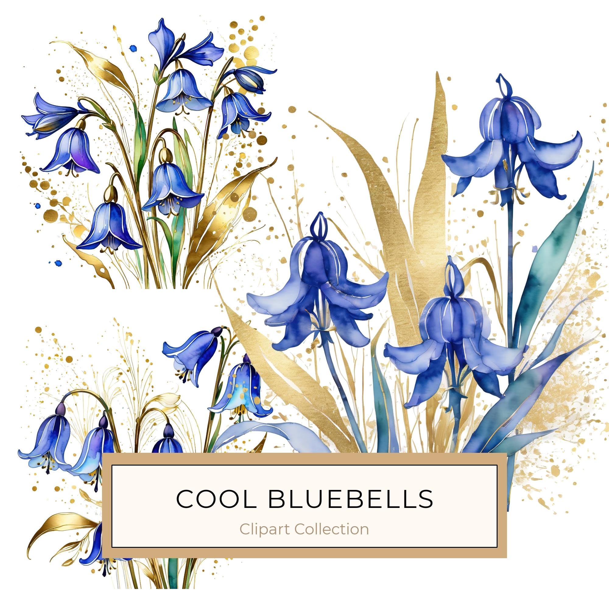Watercolor Bluebell Clipart, Blues and Gold Floral Art (JPG & PNG Digital Download