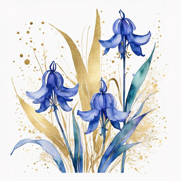 Watercolor Bluebell Clipart, Blues and Gold Floral Art (JPG & PNG Digital Download — image 1