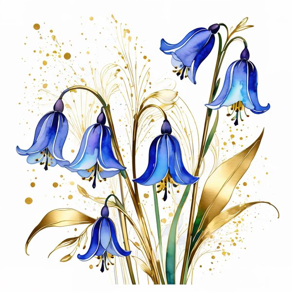 Watercolor Bluebell Clipart, Blues and Gold Floral Art (JPG & PNG Digital Download — image 3