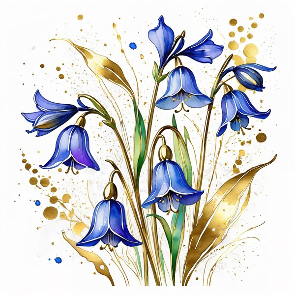 Watercolor Bluebell Clipart, Blues and Gold Floral Art (JPG & PNG Digital Download — image 4