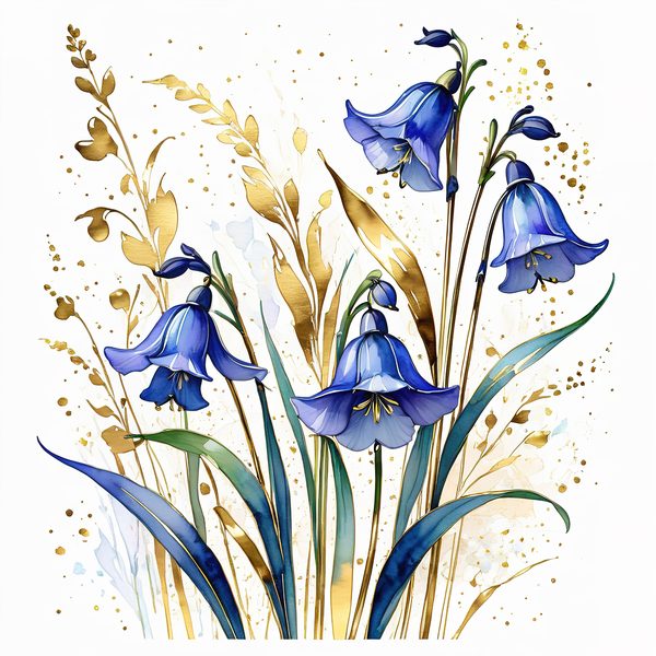 Watercolor Bluebell Clipart, Blues and Gold Floral Art (JPG & PNG Digital Download — image 6