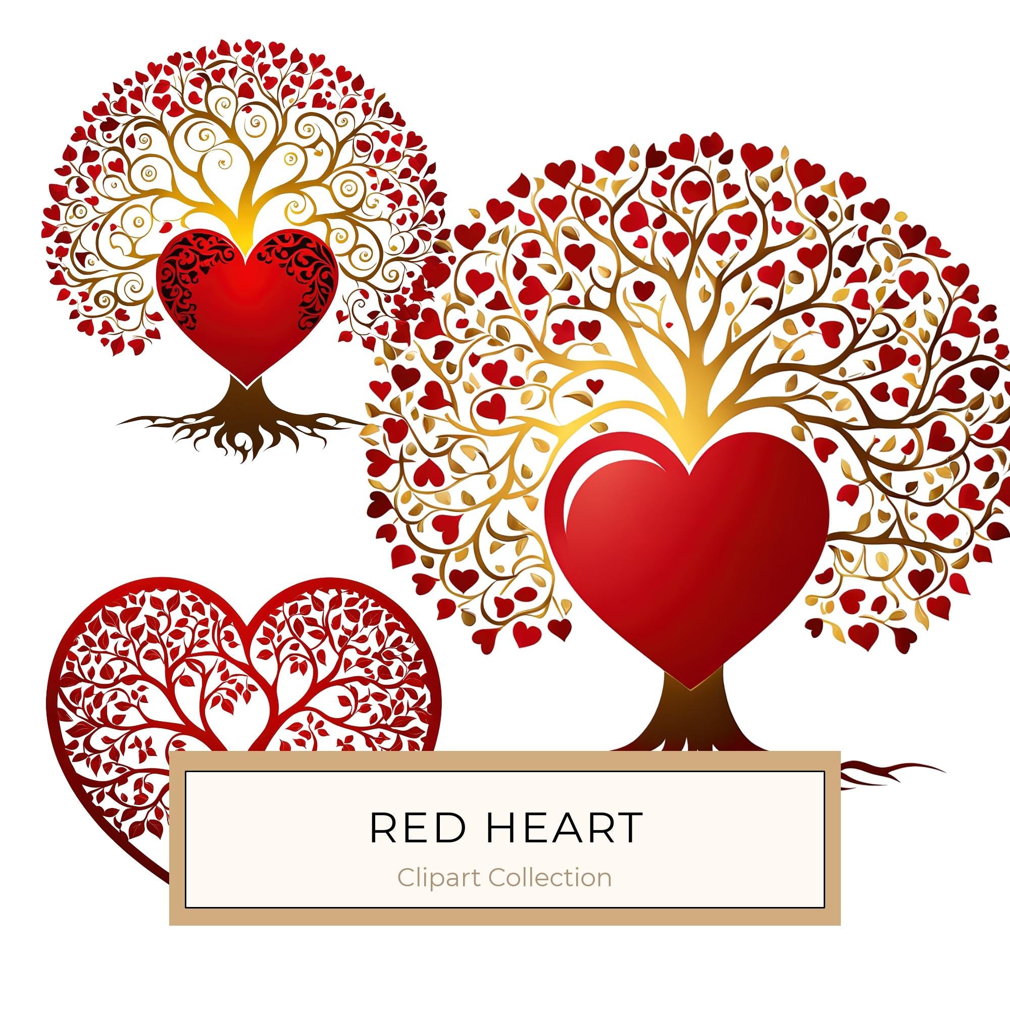 Red Heart Tree Clipart: Romantic Watercolor PNGs (Digital Download)