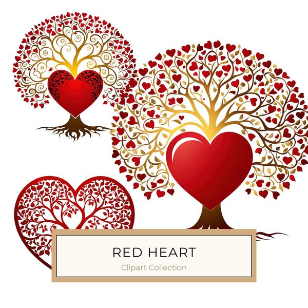 Red Heart Tree Clipart: Romantic Watercolor PNGs (Digital Download)