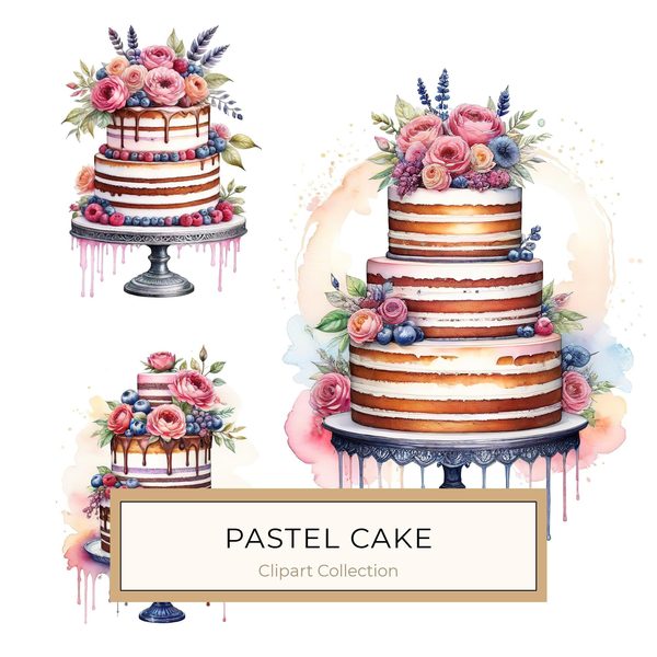 Watercolor Cake Clipart: Floral Pastel Cake Images (Digital Download)