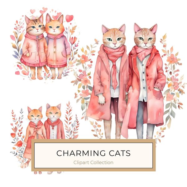 Watercolor Cat Illustrations: Pink Floral Whimsical Cartoons Clipart (JPG & PNG) Digital Download, Commercial Use