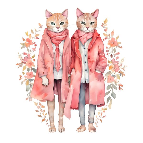 Watercolor Cat Illustrations: Pink Floral Whimsical Cartoons Clipart (JPG & PNG) Digital Download, Commercial Use — image 1