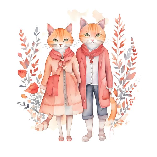 Watercolor Cat Illustrations: Pink Floral Whimsical Cartoons Clipart (JPG & PNG) Digital Download, Commercial Use — image 2