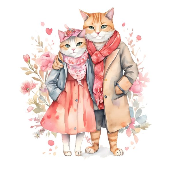 Watercolor Cat Illustrations: Pink Floral Whimsical Cartoons Clipart (JPG & PNG) Digital Download, Commercial Use — image 3