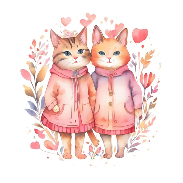 Watercolor Cat Illustrations: Pink Floral Whimsical Cartoons Clipart (JPG & PNG) Digital Download, Commercial Use — image 4