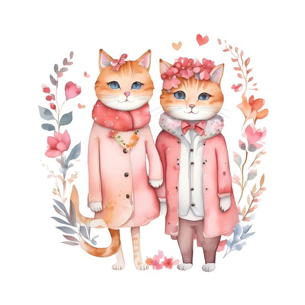 Watercolor Cat Illustrations: Pink Floral Whimsical Cartoons Clipart (JPG & PNG) Digital Download, Commercial Use — image 5