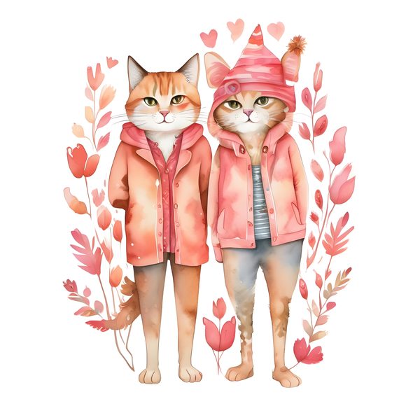 Watercolor Cat Illustrations: Pink Floral Whimsical Cartoons Clipart (JPG & PNG) Digital Download, Commercial Use — image 9