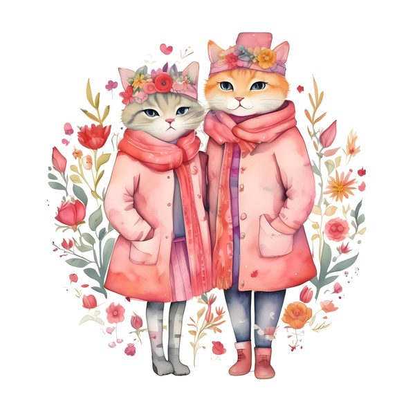 Watercolor Cat Illustrations: Pink Floral Whimsical Cartoons Clipart (JPG & PNG) Digital Download, Commercial Use — image 12