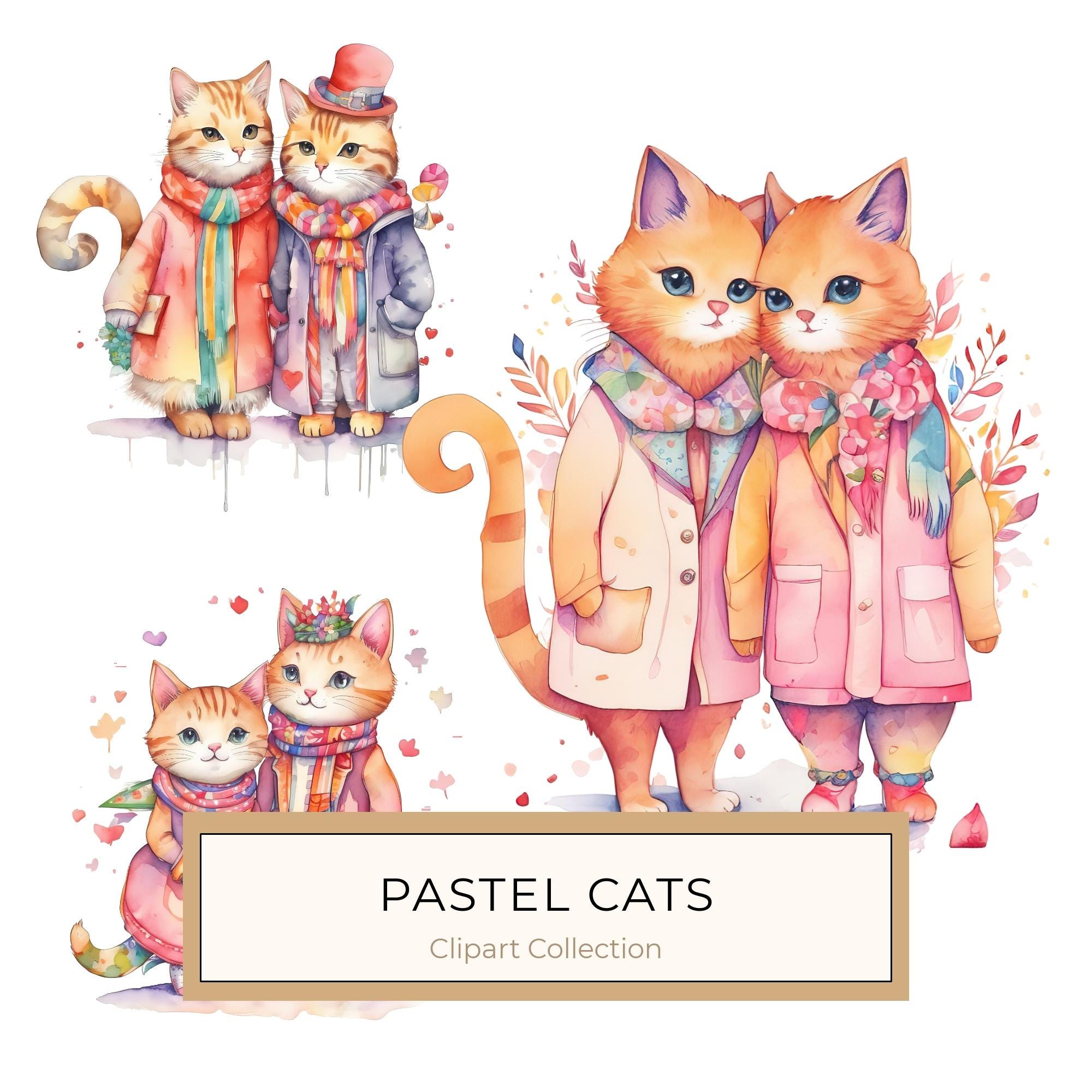 Watercolor Cats Clipart: Whimsical Cartoon Character illustrations (JPG, PNG, Commercial Use)