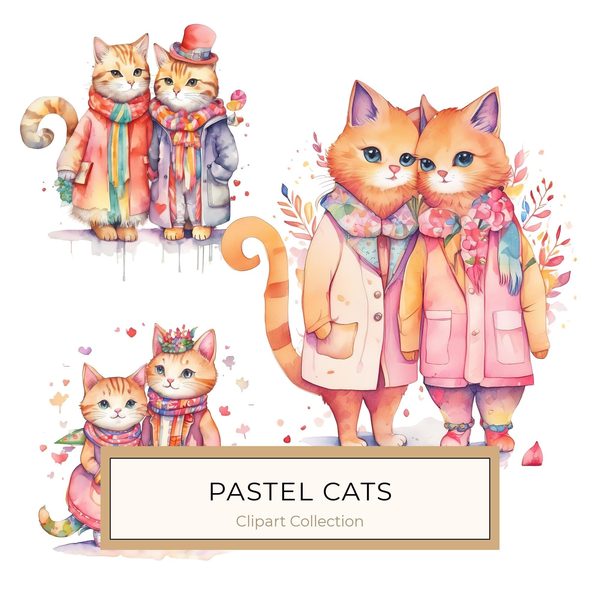 Watercolor Cats Clipart: Whimsical Cartoon Character illustrations (JPG, PNG, Commercial Use)