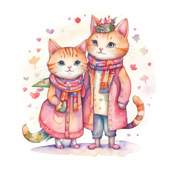 Watercolor Cats Clipart: Whimsical Cartoon Character illustrations (JPG, PNG, Commercial Use) — image 1