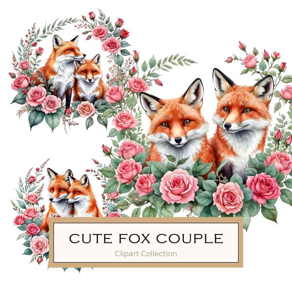 Watercolor Fox Family Clipart: Roses, Coral & Green Tones (PNG JPG, Commercial Use)
