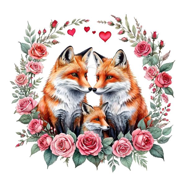 Watercolor Fox Family Clipart: Roses, Coral & Green Tones (PNG JPG, Commercial Use) — image 1