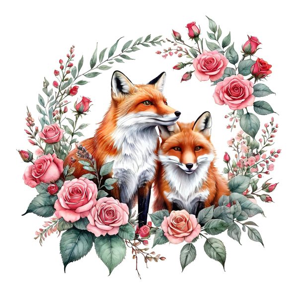 Watercolor Fox Family Clipart: Roses, Coral & Green Tones (PNG JPG, Commercial Use) — image 2