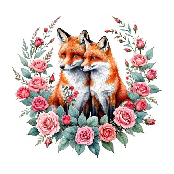 Watercolor Fox Family Clipart: Roses, Coral & Green Tones (PNG JPG, Commercial Use) — image 3