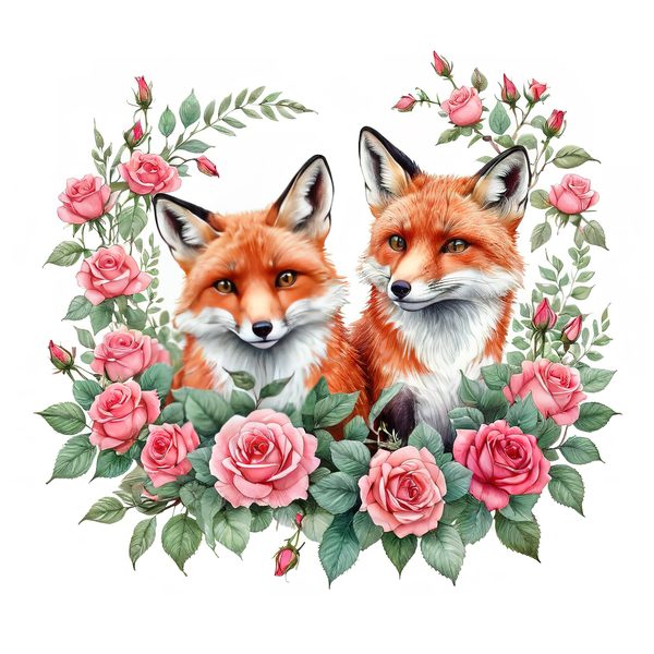 Watercolor Fox Family Clipart: Roses, Coral & Green Tones (PNG JPG, Commercial Use) — image 4